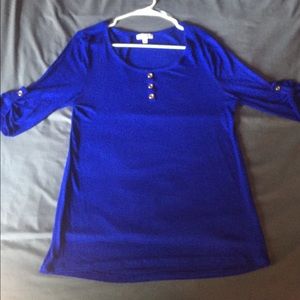 Royal blue blouse with gold accent buttons