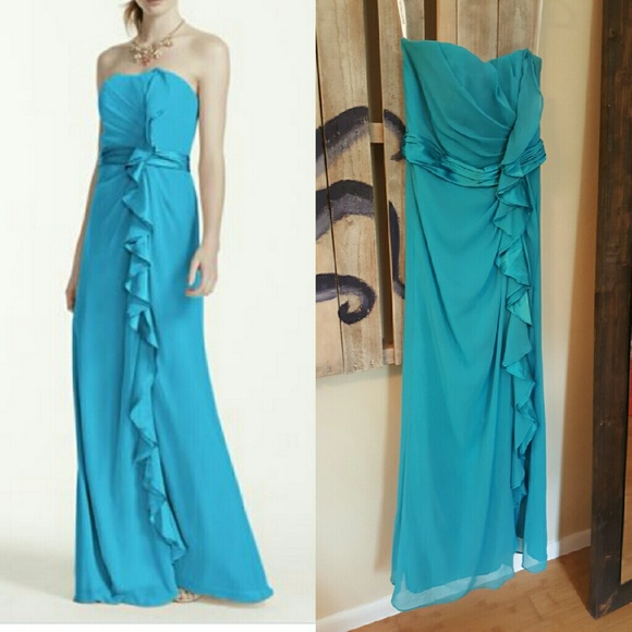 David's Bridal bridesmaid gown in malibu blue