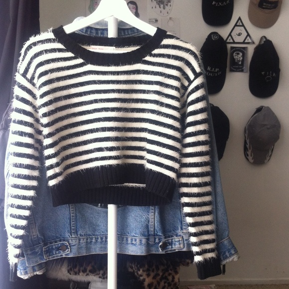 Cropped Fuzzy Striped Sweater