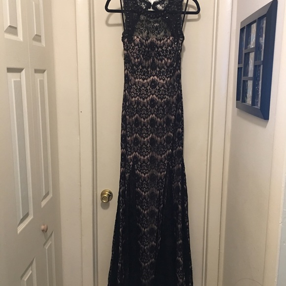 Nude & black lace long gown w/ black jewel accents