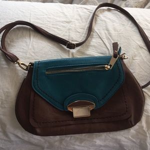 Brown and blue crossbody purse