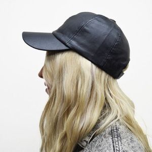 Black Faux Leather Velcro Baseball Cap