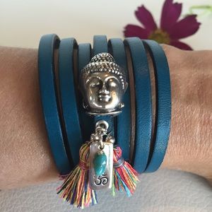 Blue leather wrap bracelet buddha magnet clasp NWT