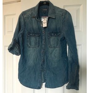 Express Distressed Denim Button-Down Shirt