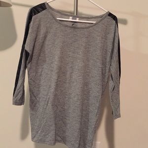 Gray 3/4 tee with faux leather stripes on arms