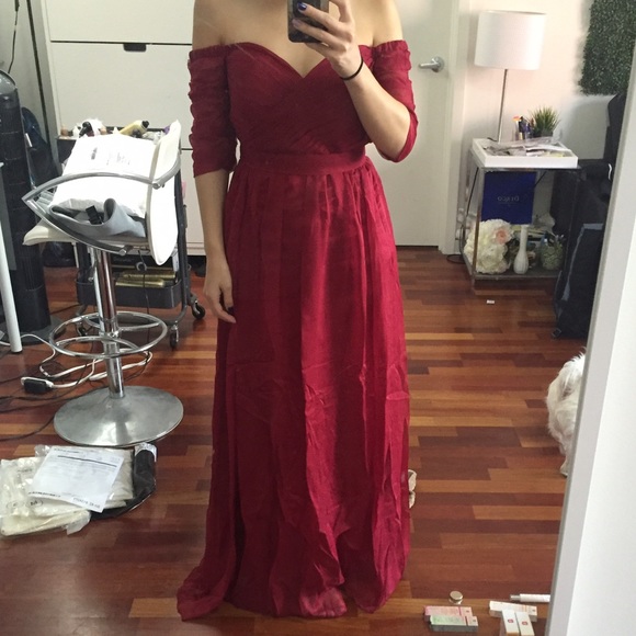Dark red evening dress off shoulder