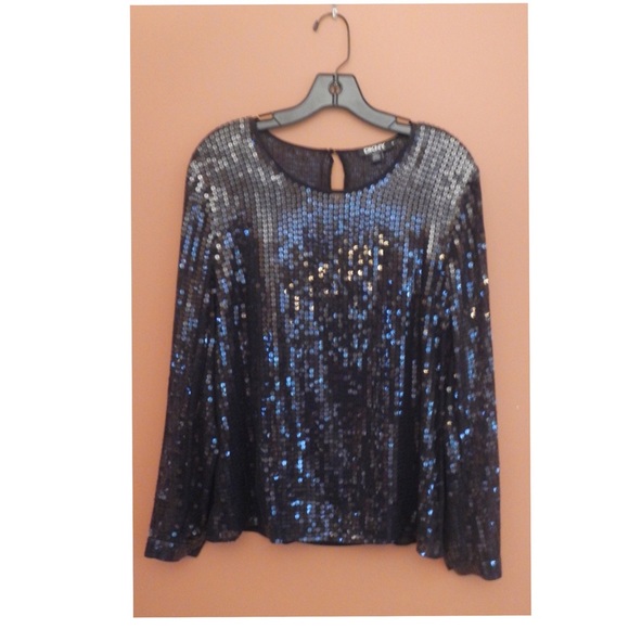 DKNY Black All-Over Sequin Long Sleeve Top - Sz-M
