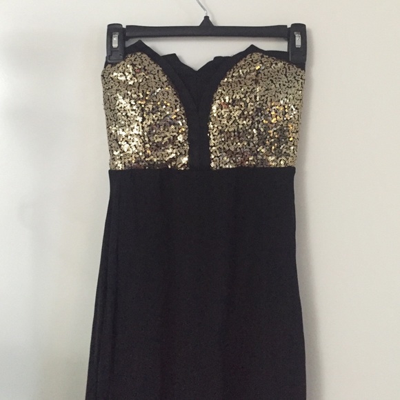 Strapless gold bustier dress with adjustable back