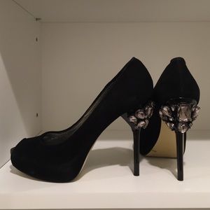 BCBGMAXAZRIA black suede jeweled peep toe pumps