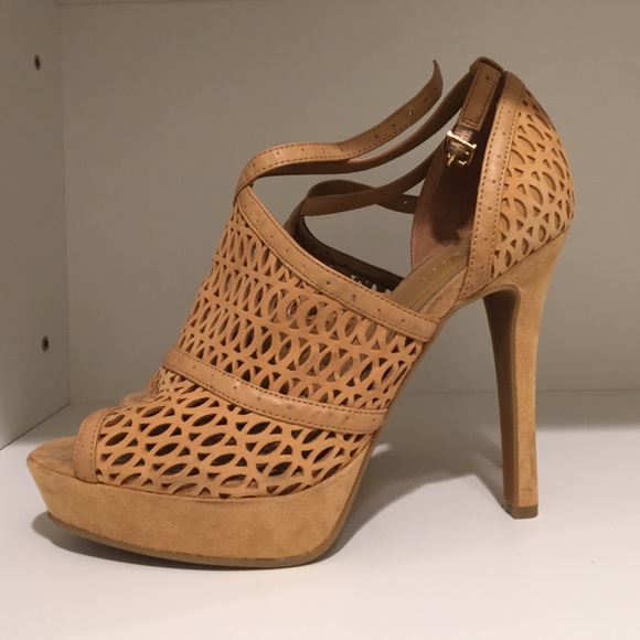 BCBGeneration tan leather lattice heeled sandals
