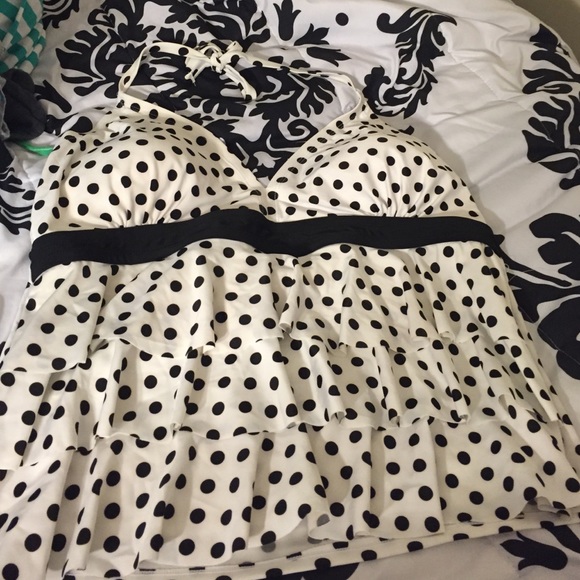 White with black polka dot swimsuit top