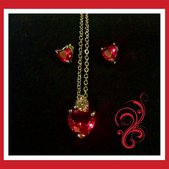 Red Crystal Heart Necklace and Earing Set