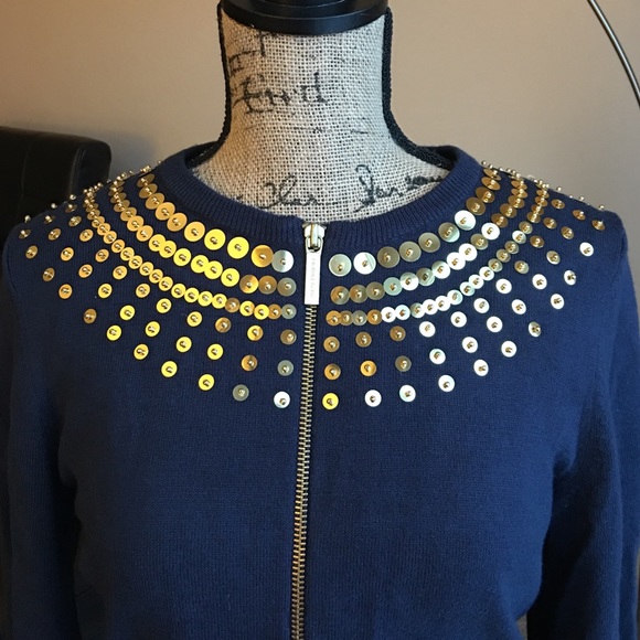 Michael Kors navy w/gold sequin zippered cardigan - Picture 2 of 4