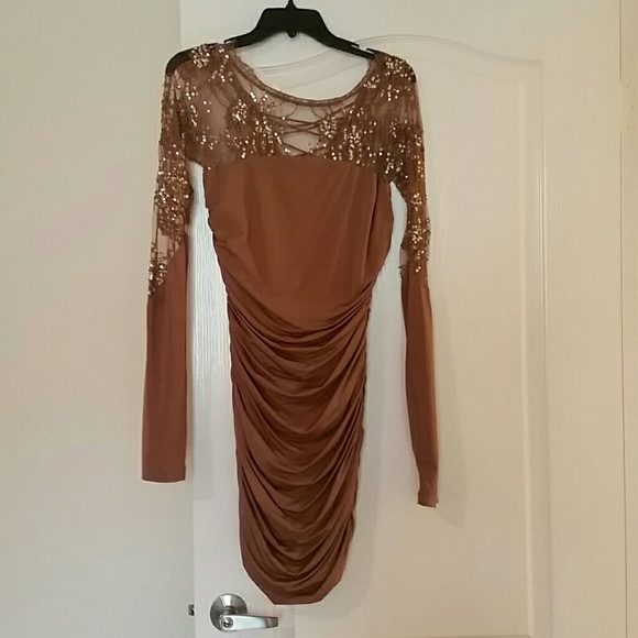 Long sleeve sequin sheer taupe dress