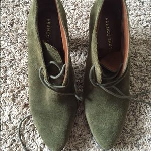 Green suede Franco Sarto bootie heels.
