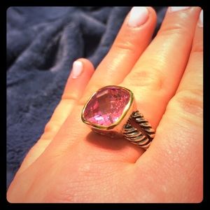 Pink gemstone silver banded ring with gold detail