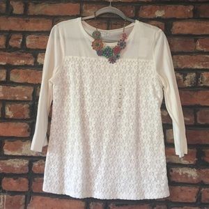 Loft white textured floral 3/4 sleeve top
