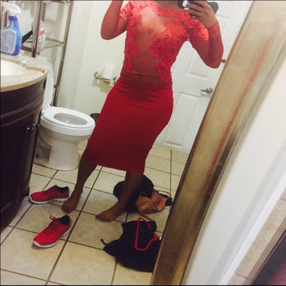 Custom made red nude/lace top, fitted dress