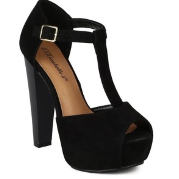 T-strap heels- black suede size 8