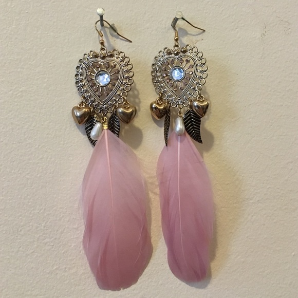 Set of Heart Shaped Earrings with Feathers