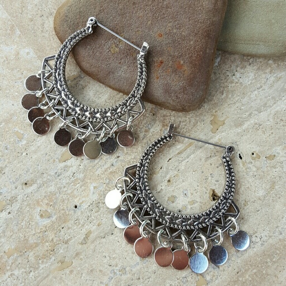 Jewelry - Silver Tone Bohemian Coin Hoop Earrings Dangle