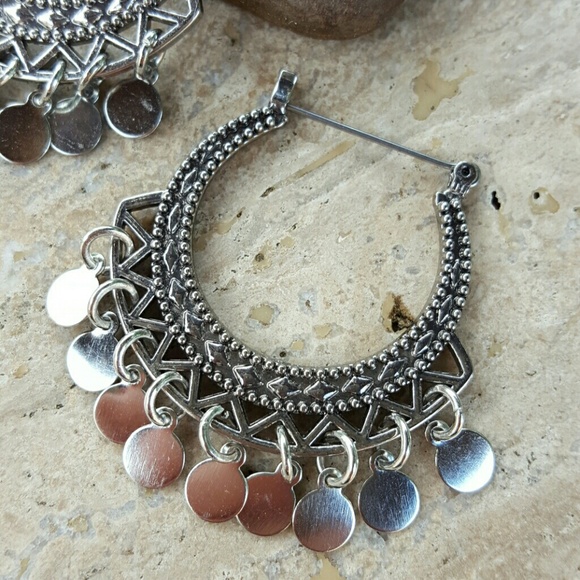 Silver Tone Bohemian Coin Hoop Earrings Dangle - Picture 2 of 2