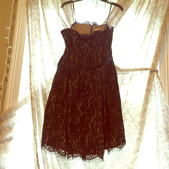 strapless black lace nude underlay dress