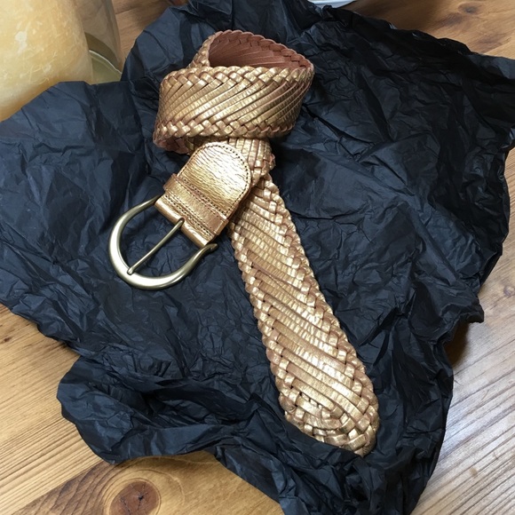 Linea Pelle Wide Woven Gold Belt w/ Brass Buckle