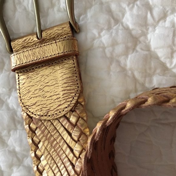 Linea Pelle Wide Woven Gold Belt w/ Brass Buckle
