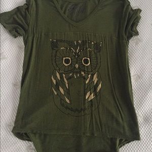 Army green top with owl design on front