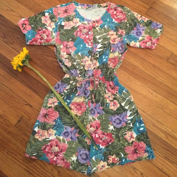 Hawaiian Floral Print Romper with Pockets