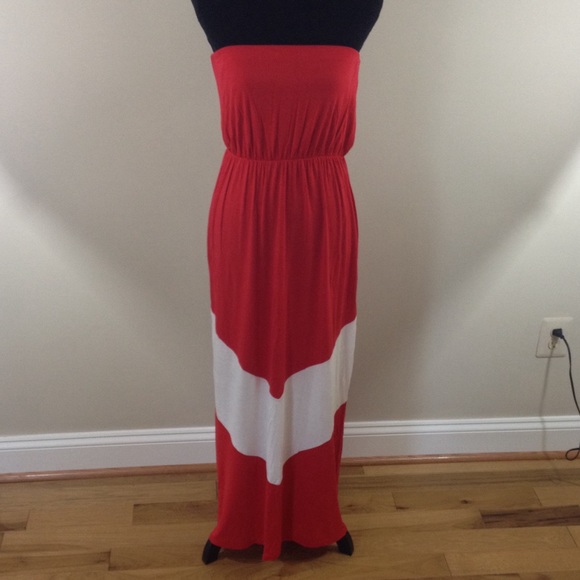 Red and White Chevron Strapless Maxi