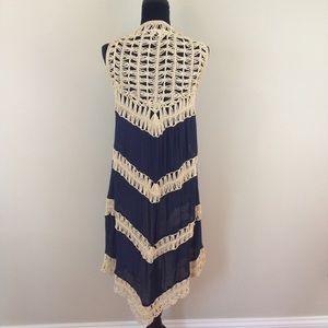 Navy and Tan Crochet Detail Long Vest