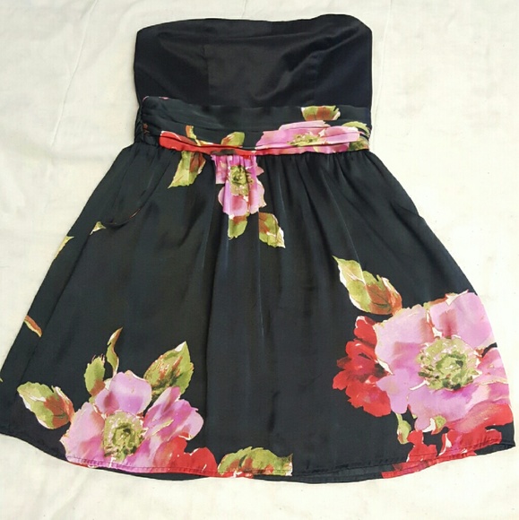 Black party dress with pink and red flowers.