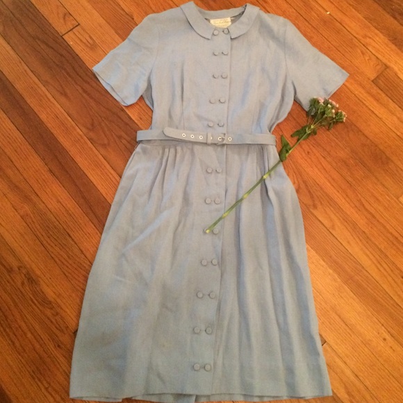 Vintage Linen Light Blue Shirt Dress