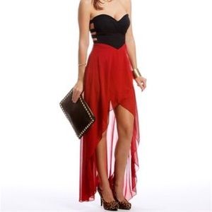 Black and red strapless mullet dress