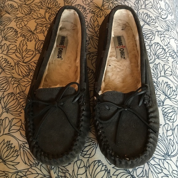 Grey Minnetonka moccasins