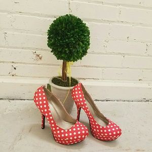 Red polka dot platform heels