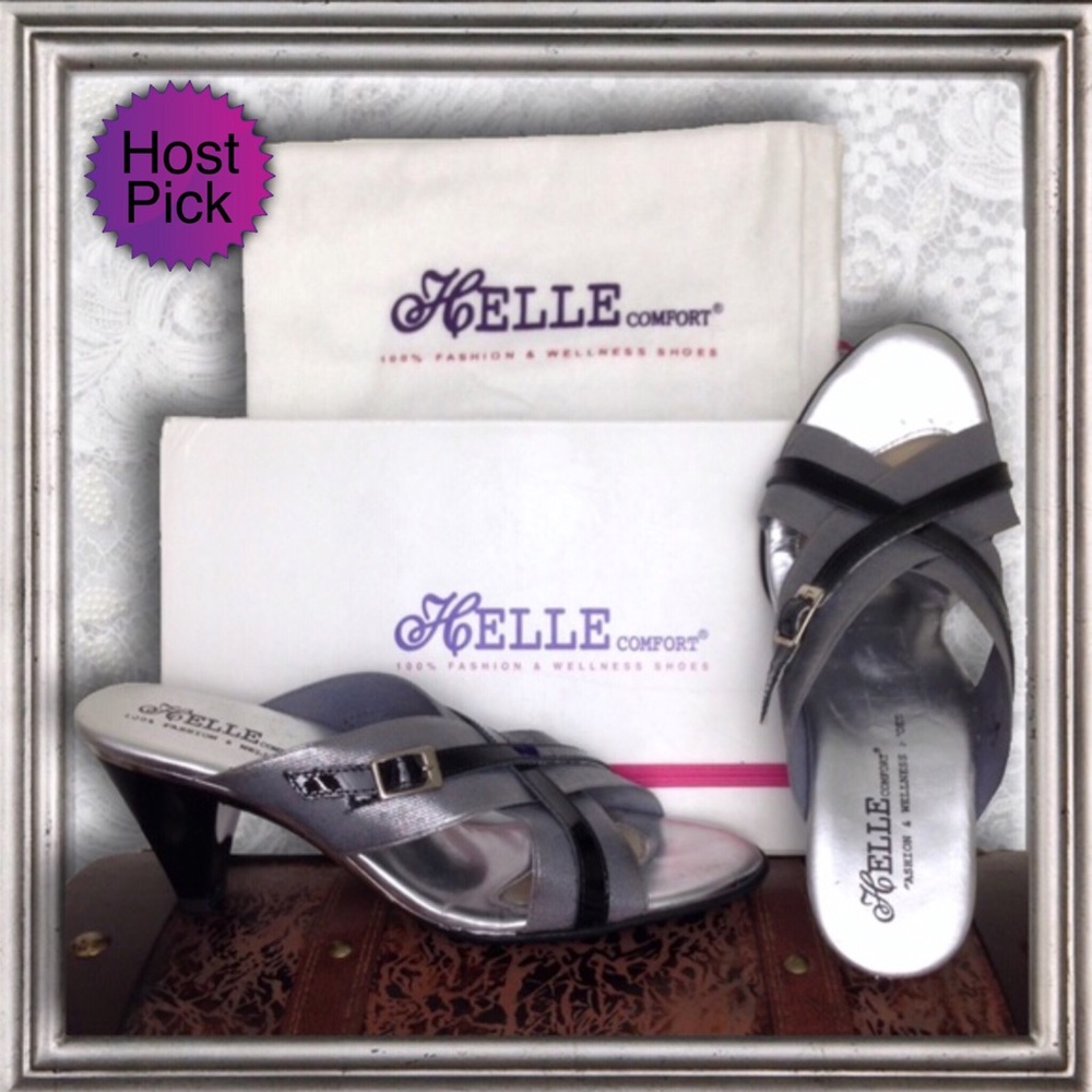 HELLE COMFORT Silver & Black Sandals 2" heel 7.5