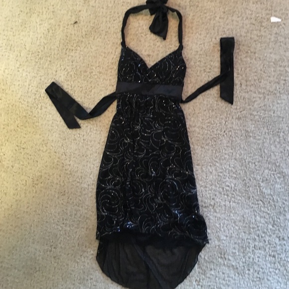 Hi-Low black halter tie dress with silver print