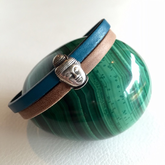 Blue & tan leather Buddha bracelet-hamsa clasp