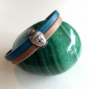 Blue & tan leather Buddha bracelet-hamsa clasp