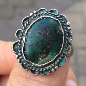 Vintage sterling silver round green turquoise ring