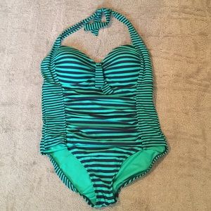 Merona Navy and Green Halter One Piece swimsuit
