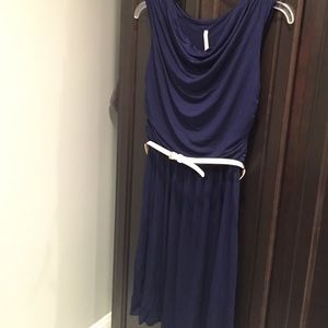 Navy blue drape neck dress with ruching