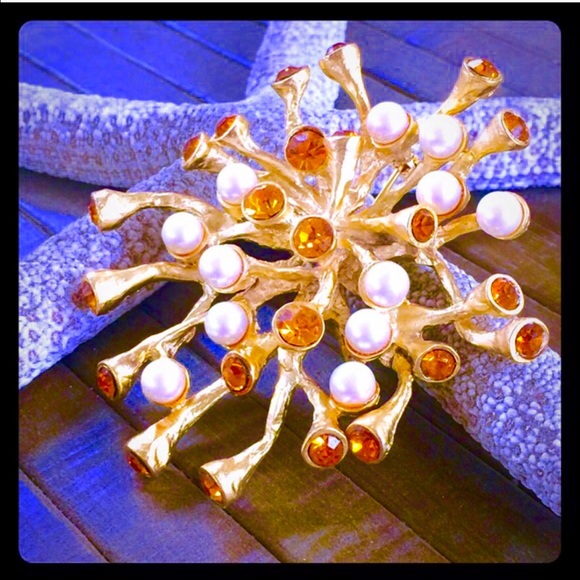 60s Vintage Brooch Pin Gold Jewelry Topaz  Pearl