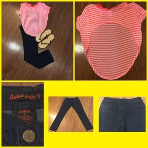 Skinny leg jeans striped shirt & flip flops