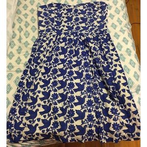 Strapless, blue and white dress