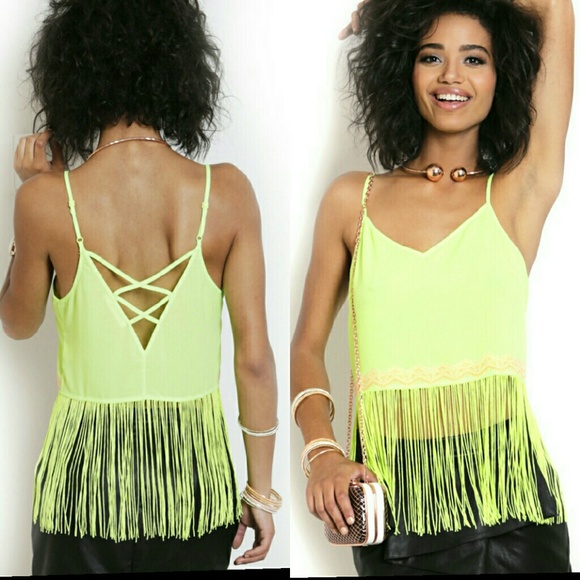 Lush Tops - 1 Day Sale! NWT Neon Lemon  Fringe Crop Top,  M