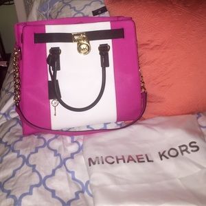 Hot pink and white Michael Kors satchel